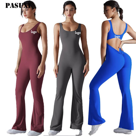 PASUXI New Sports Jumpsuit One-Piece Yoga Suit Tight-Fitting Bodysuit Female Flared Training Gym Jumpsuit Fitness Sets for Women