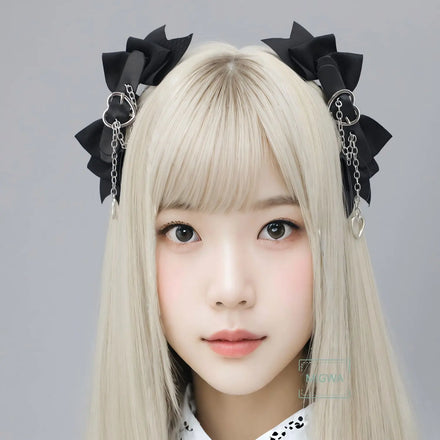 L0006 Black Sweet Punk Lolita JK Bow Heart Hairpins Handmade Cool Girl