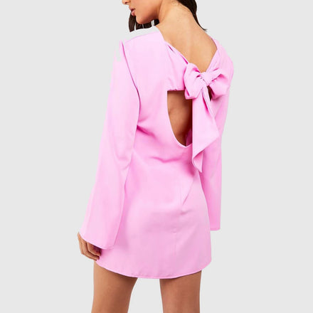 Custom Designer Fashion Summer Elegant Modest Wholesale Lady Cut Out Long Sleeve Pink Petite Bow Detail Open Back Mini Dress