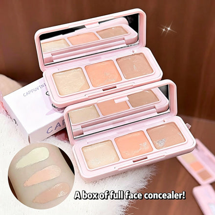 CAPPUVINI 3-Color Concealer Palette Full Coverage Moist Texture Dark Circle Tear Trough Blemish Cover Cute Kitten Makeup Kit