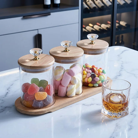 Wholesale Set of 3pcs High Borosilicate Glass Storage Kitchen Jars Glass Food Storage Jars With Diamond Lid and Bamboo Tray