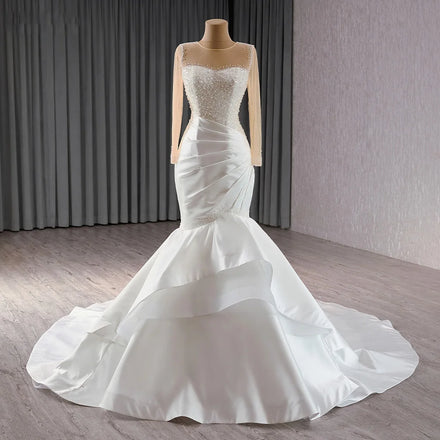 Jancember 241108 Exclusive Long Sleeve Pearls Satin Ruffle Mermaid Wedding Dresses