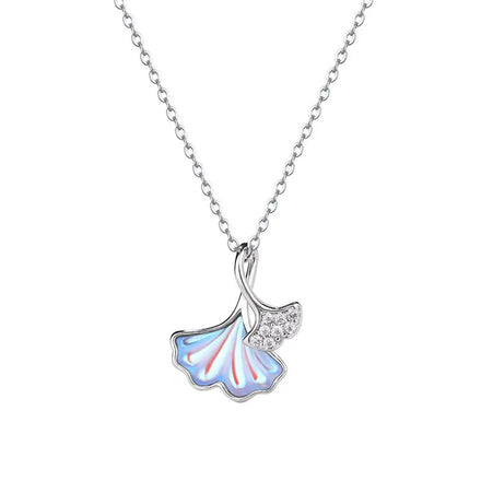 New 925 Sterling Silver Ginkgo Leaf Micro Inlaid Zircon Women's Necklace Simple Moonstone Pendant Clavicle Chain