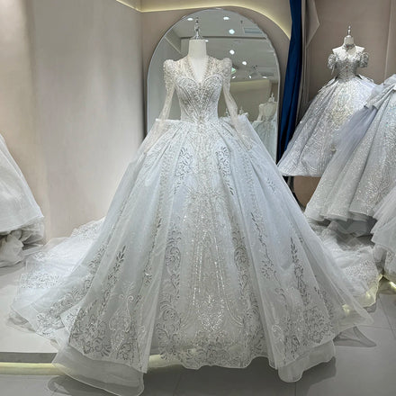 Jancember DW0044 Classic V-neck Formal Crystal Puffy Wedding Dresses for Girls
