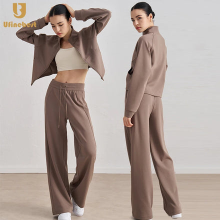 Drawstring Straight-leg Sweatpants Zip up Long Sleeved Slim Gym Fitness Wear Large Pockets Casual Jacket Sets