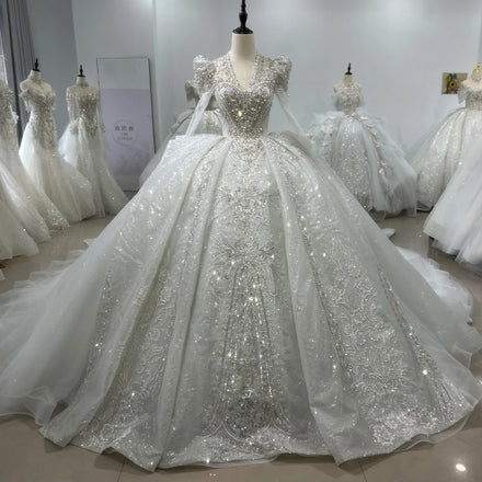 For Jancember XS101 Modern V-Neck Empire Crystal Wedding Gown Ball Gown Long Chapel Train Flower Decoration Traditional Bridal D