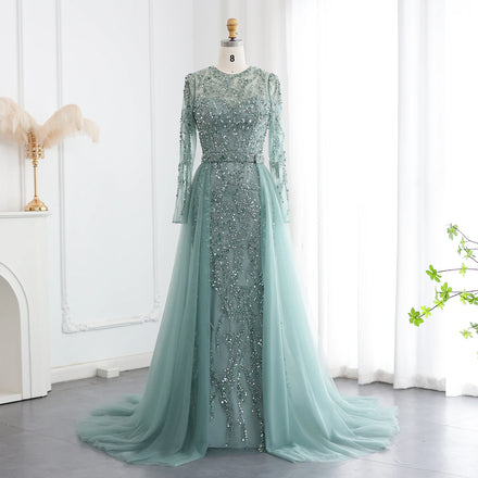 Jancember LSZ183 Dubai Muslim Belt Mermaid Evening Party Dresses With Overskirt