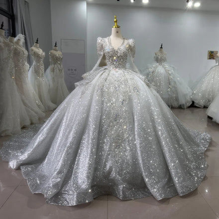 Jancember XS103 Diamond Long Sleeve Bling Women's Long Tail Wedding Bridal Dresses