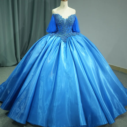 Jancember 1247 Elegant Sweetheart Royal Blue Pearls Ball Gown Quinceanera Dresses