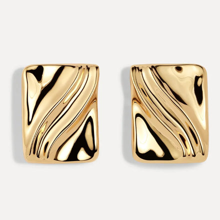 HS Waterproof Non Tarnish PVD 18k Gold Plated Stainless Steel Geometric Rectangle Wave Texture Statement Stud Earrings for Women