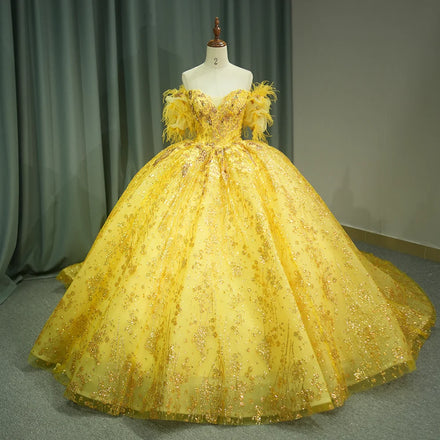 Jancember 6540 Generous Light Yellow Feather Puffy Quinceanera Dresses for Girls