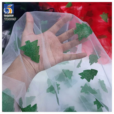 YX480 2025 Festival Mesh Tulle Christmas Fabric FabricPolyester Christmas Tree Pattern Printing Glitter Dust Tulle Fabric