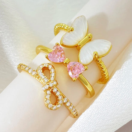 Foxi in Stock Fast Shipping Gold Silver Gemstone Rings Fashion Jewelry Iced Out Cubic Zirconia Ribbon Bow Knot Rings for Girls