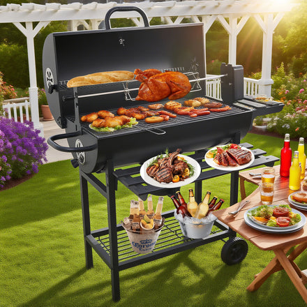 Top-ranking Suppliers Premium Modern Heavy Duty Steel Outdoor Rotisserie BBQ Grill 2 Folding Tables Remote Control Deep Fryer