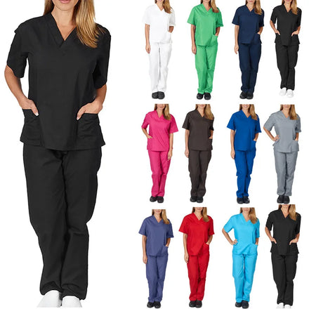 Oem Customized logo Design New Solid Color Pocket V-neck Two-piece Suit Nursing Work Uniform Nursing Uniform