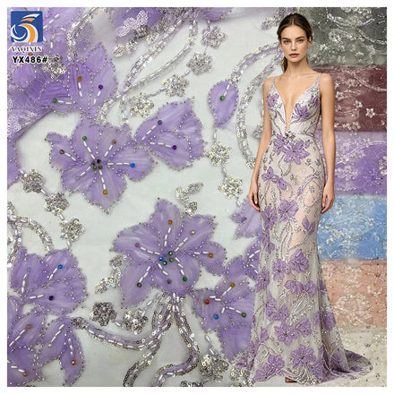 YX486 Custom Lace Fabric Italy High-End New Purple Embroidered Beaded Shiny Sequin Lace Fabric Flower Laces