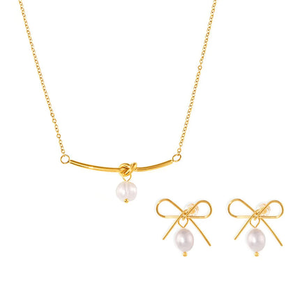 Fashion Stainless Steel Jewelry Sets 18K Gold Cut-out Bow Freshwater Pearls Necklace Earrings Weddings Lovers