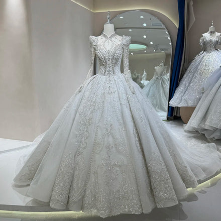 Jancember DW0049 Vintage Muslim High Neck Wedding Bling Dresses for Women