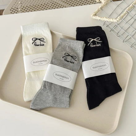 Japanese New Fashion Cute Embroidery Bows Socks Cozy Cotton Solid Color Elegance Women Socks