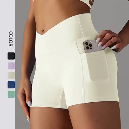 Double-Sided Nylon Brushed Cross V Waist Pocket Tight Yoga Shorts Running Sports Three-Quarter Pants for Women