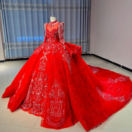 Jancember DW0061 Traditional Red Long Tail Backless Evening Wedding Party Dresses