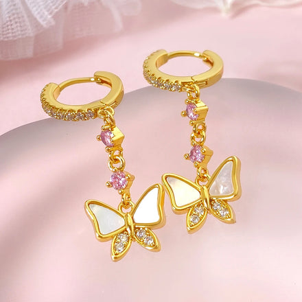 For Foxi Trendy Pink Hoop Earrings Lovely Design Dangle with Shell Butterfly CZ and Zircon Stones Rhodium Plated for Women