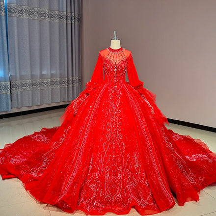 Jancember DW0059 Vintage Red Flare Sleeve High Neck Evening Women's Party Dresses