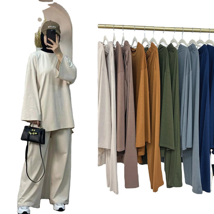 Modest Woman Sportswear Pants Set Casual Elegant Solid Color Crepe Fabric Two Pieces Clothes Suit for Women L325