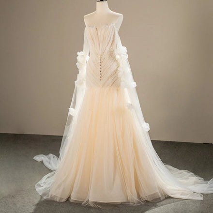 Jancember SFY199 Fairy Boat Neck Champagne Mermaid Wedding Dress With Cape Sleeve