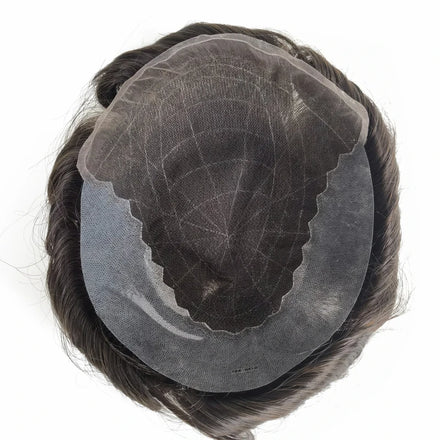 90% Density Q6 PU Thin Skin Fine Swiss Lace Natural Human Hair Men Male Toupee With Front Bleached
