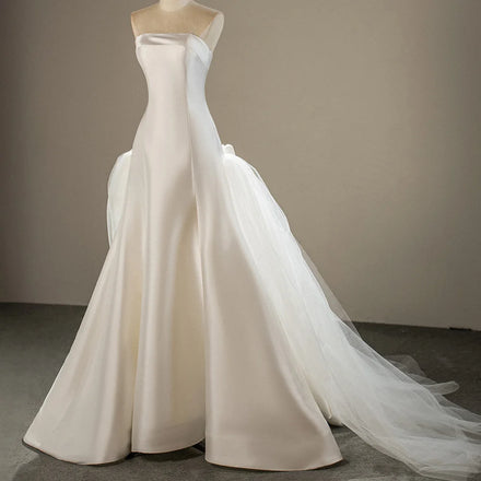 Jancember SFY201 Glossy Satin Boat Neck Wedding A-line Dresses With Train