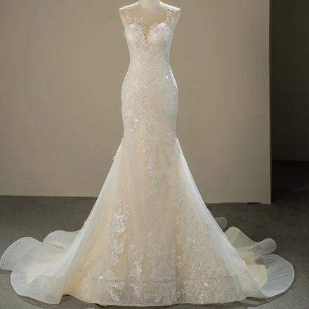 Jancember SFY191 Beach Sleeveless Lace Embroidery Slim Wedding Champagne Dresses