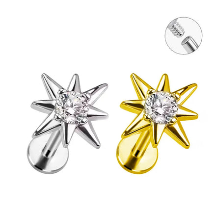 F136 Titanium Internally Threaded Labret Flat Back Stud Earring Zircon Stone Body Piercing Jewelry with Gold Plating for Wedding