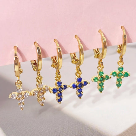 For Foxi Trendy 18K Gold and Rhodium Plated Blue Zircon Cross Hoop Earrings Ready to Ship Brass Jewelry for Gift Occasions