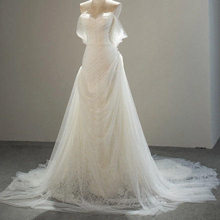 Jancember SFY225 Beautiful Off Shoulder French Lace Tulle Fabric Wedding Gown Dresses