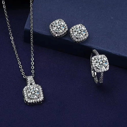 Flash Mosan Diamond square Diamond Design Light Luxury Style Tiktok Live Pendant Earrings Ring Three-piece Set