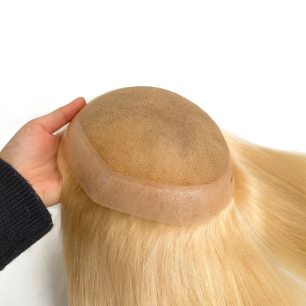 Blonde 613 Color Fine Swiss Lace PU Thin Skin Cuticle Aligned Chinese Virgin Human Hair Topper Toupee for Women 7 by 9