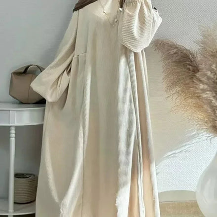 Modest Winter Woman Elegant Warm Abaya Dress Casual Bubble Sleeves Solid Color Corduroy Fabric Robe for Woman L342