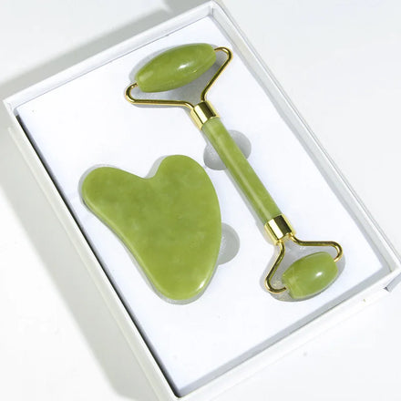 Natural Green Jade Roller Gua Sha Board Stone Set for Scraping Therapy Facial Massage Tool