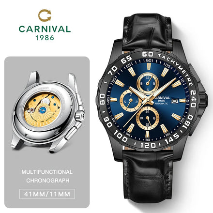 CARNIVAL Luxury Brand New Men's Mechanical Watches Multifunctional Automatic Luminous Calendar Waterproof Leather Montre Homme