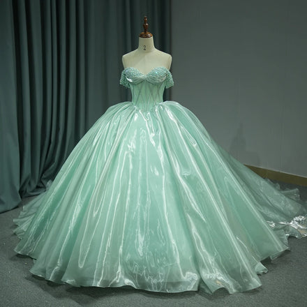 Jancember 6791 Glossy Fruit Green Pearls Silk Puffy Quinceanera Dresses for Girls