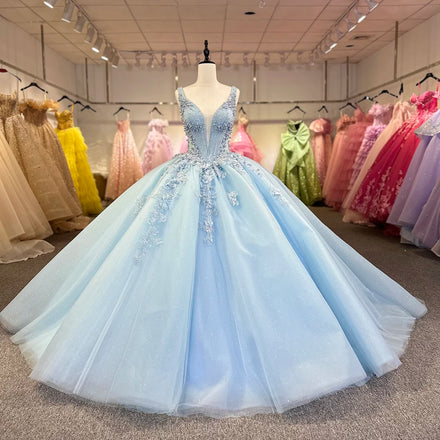 Jancember 1273 Fashion Pearls Blue Deep V-neck Quinceanera Dresses for 15 Girls