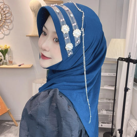 Malaysia New Fashion Elegant Dress Bamboo Hat Edge Hijab Beautiful Floral Instant Banquet Daily Beaded Hijabs for Women H428