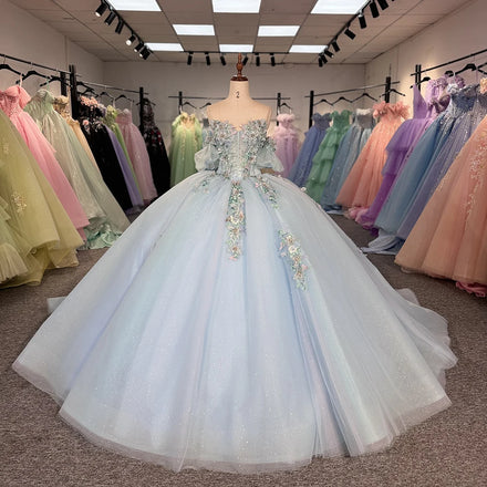 Jancember 6823 Glitter Light Blue Off Shoulder Appliqued Flower Quinceanera Dresses