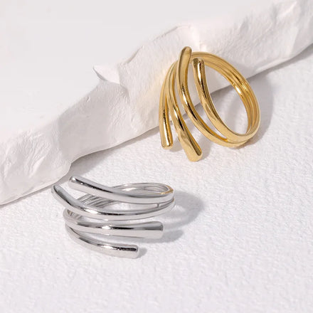 Beimai 18K Gold-Plated Open Adjustable Ring OEM Style with Geometric Lines Stainless Steel Waterproof