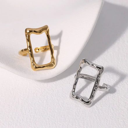 BM Wholesale Trendy Non-Tarnish Hollow Stainless Steel Rectangle Ring with 18K Gold Plated/Silver Plated Finish