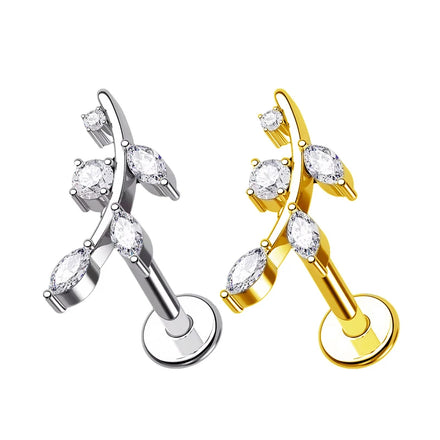 Hot Selling Vintage Titanium Top Threaded Leaf Zircon Lip Stud Flat Back Earrings Astm F136 G23 Gold Plated for Engagement