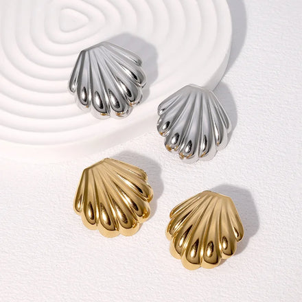 BM Women's Trendy Sea Shell-Shaped Stud Earrings Waterproof Stainless Steel with Gold Plating for Gift