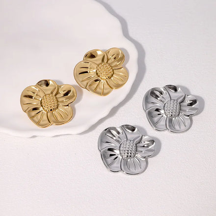 BM Trendy Retro Flower Stud Earrings Waterproof Stainless Steel Exaggerated Design for Gift