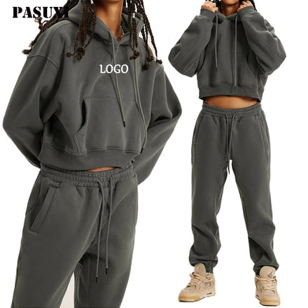 PASUXI 2026 Spring Jogger Jumpers Gym Custom Workout 2 Piece Women Set Crop Top Oversize Hoodie Women Sweatshirt Sets